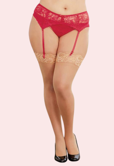 Sultry red lace plus size suspender garter belt