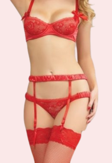 Sultry red lace garter belt with a flirty twist