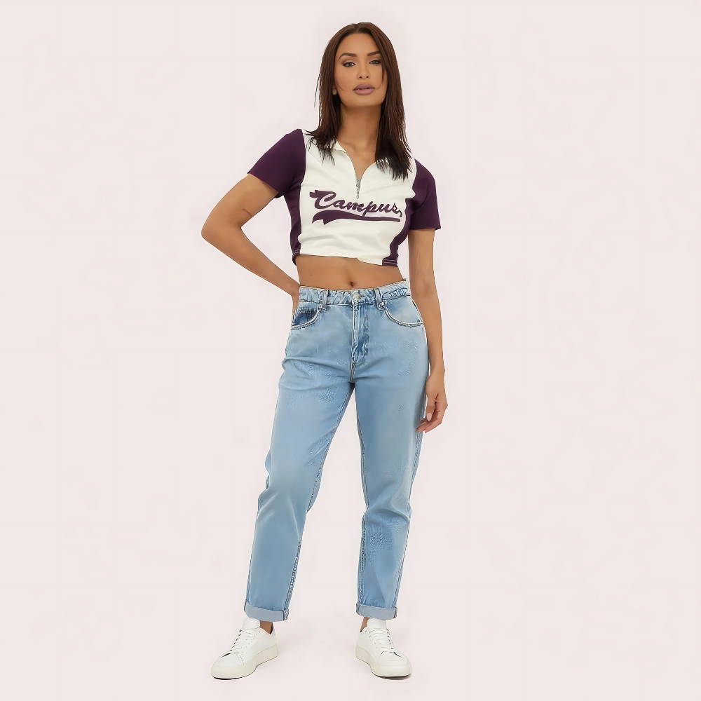 Women’s purple “campus” zip polo crop top – collegiate-inspired style
