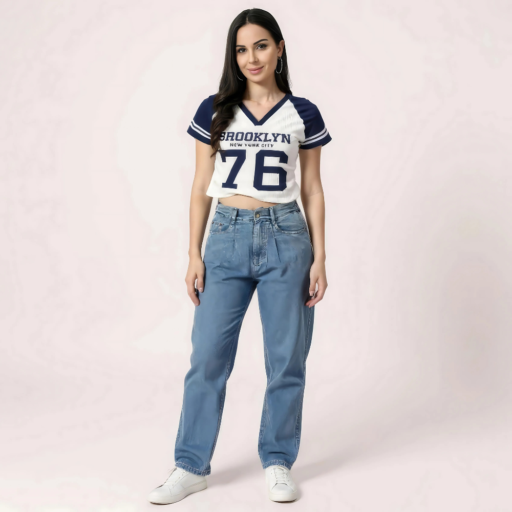“brooklyn 76” varsity crop top – navy & white