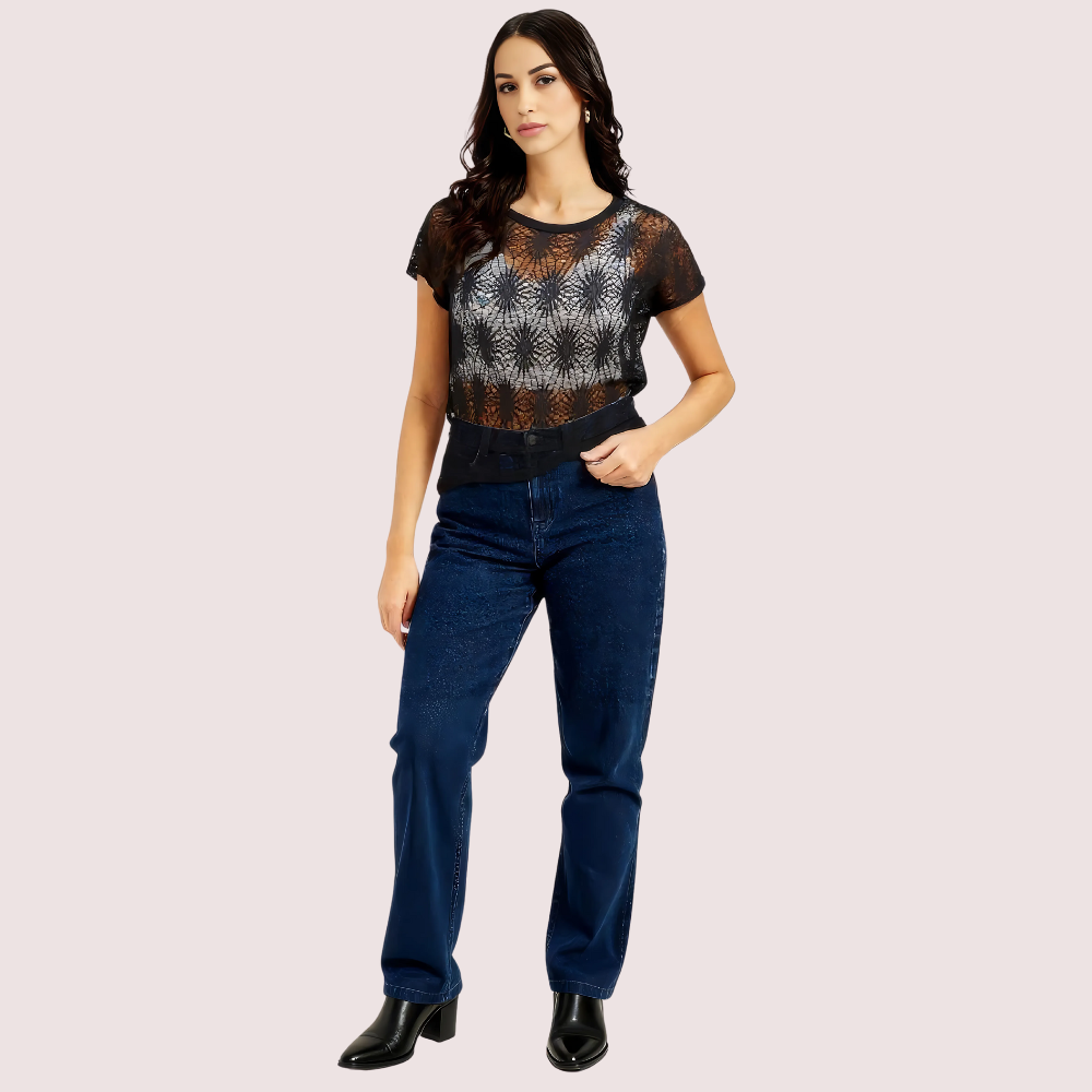 Stylish black sheer floral lace top for women